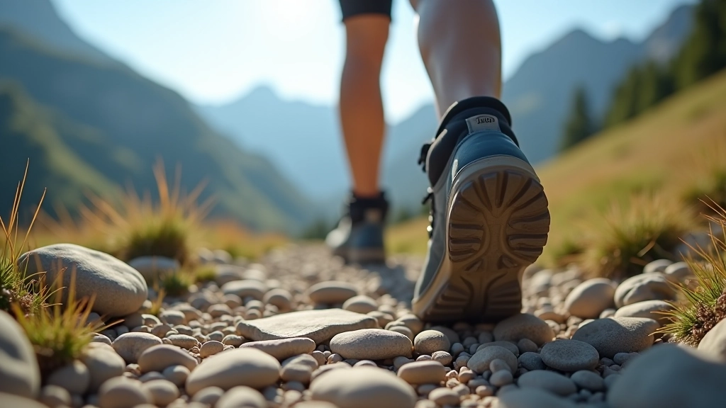 Gros plan sur les pieds d'une personne en chaussures de rando sur sentier rocheux, équipement visible