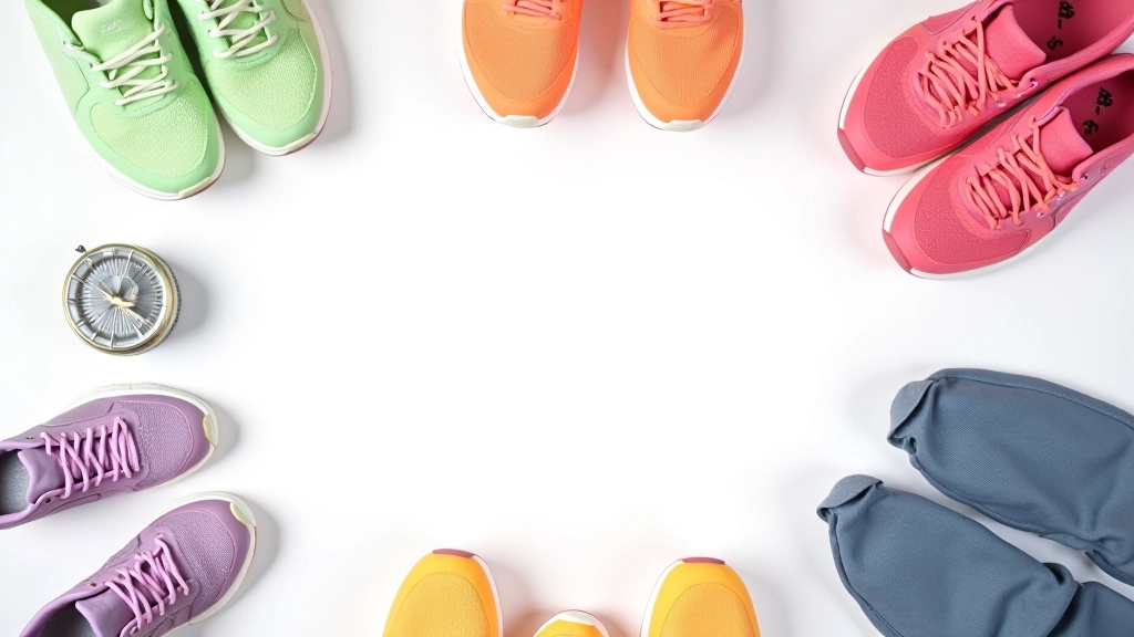 Étalage de vêtements de sport colorés et baskets professionnelles sur fond blanc, vue de haut