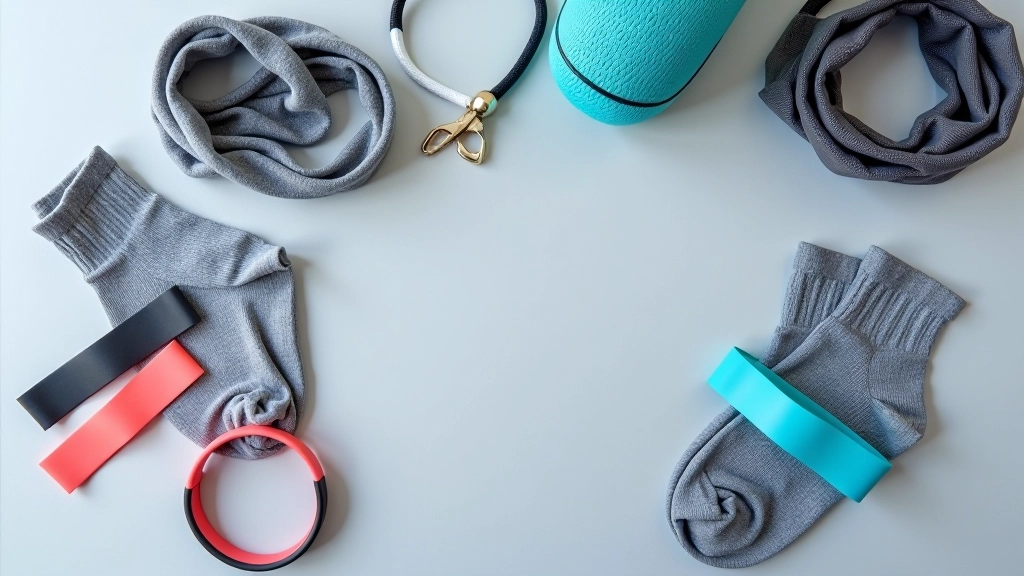 Accessoires sportifs variés : ceinture de maintien, bandeau de transpiration, chaussettes de sport, sur surface grise