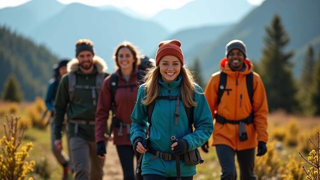 Groupe de randonneurs marchant ensemble sur sentier de montagne, souriant, équipement coloré