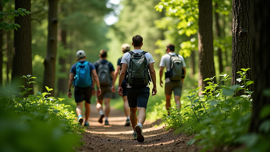 Groupe de personnes en randonnée sur sentier forestier, équipement minimal, nature verte