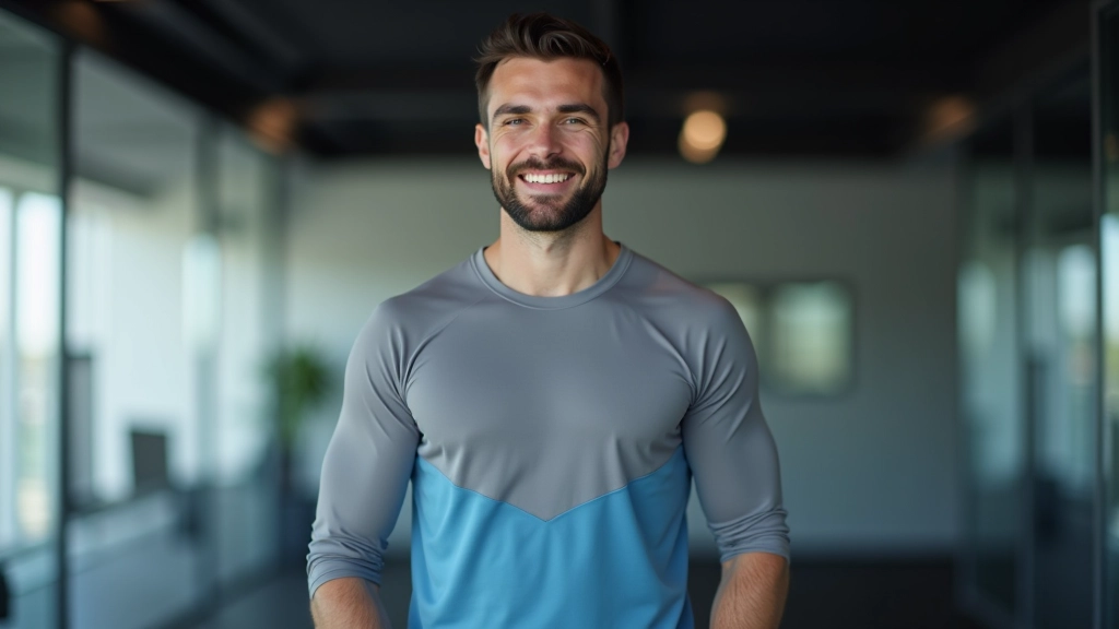 Homme au gym posant souriant en tenue de sport grise et bleue, portrait de confiance, équipements de fitness en arrière-plan