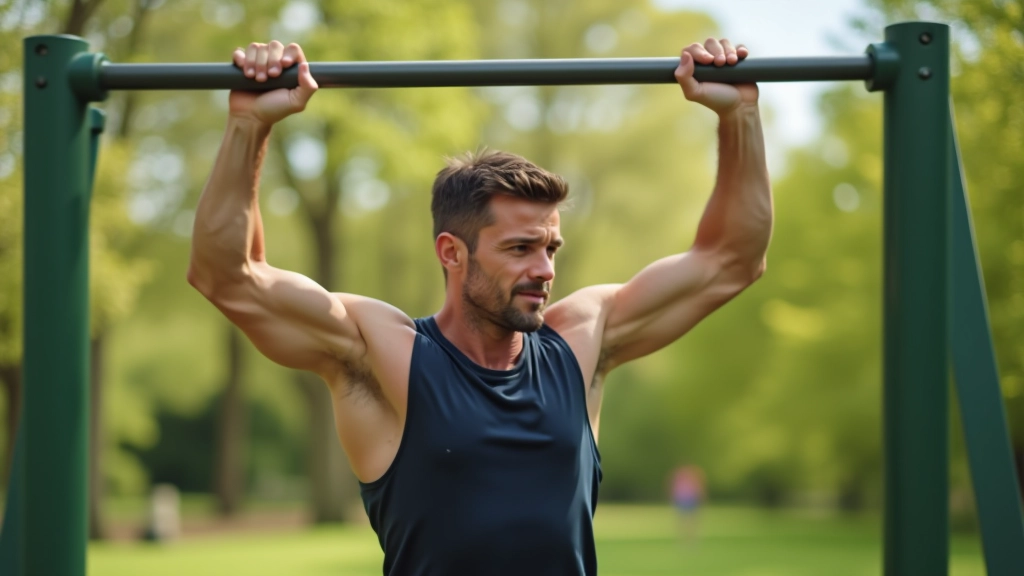 Homme adulte effectuant une traction à la barre fixe dans un parc, en plein air, jour ensoleillé, vue de côté