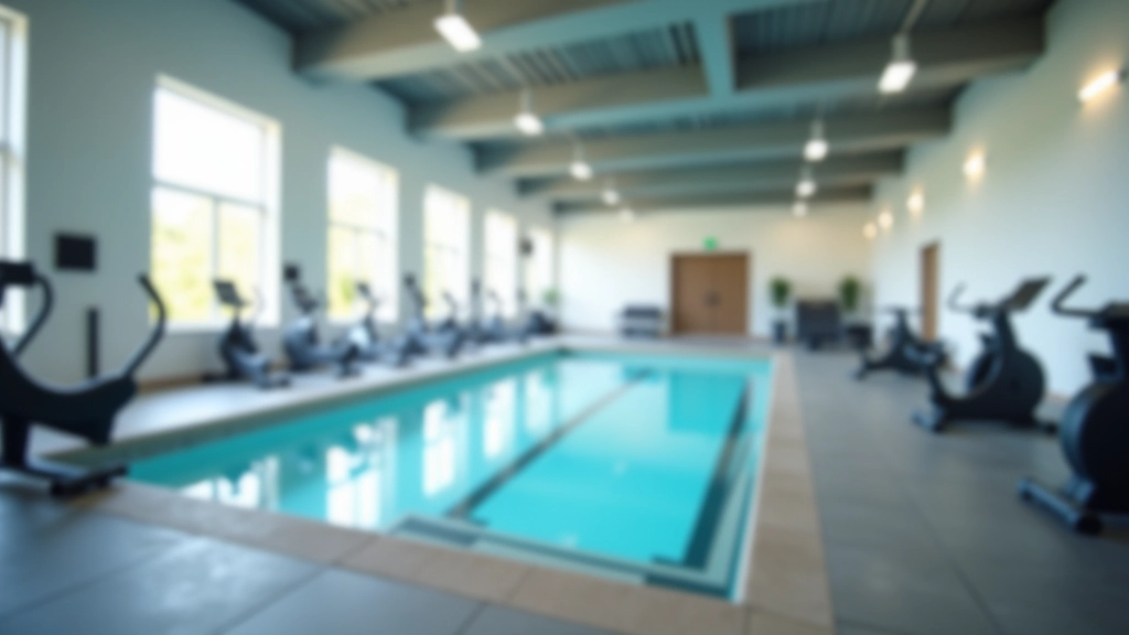 Salle de fitness moderne avec équipements cardio et poids, piscine intérieure en arrière-plan, lumière naturelle