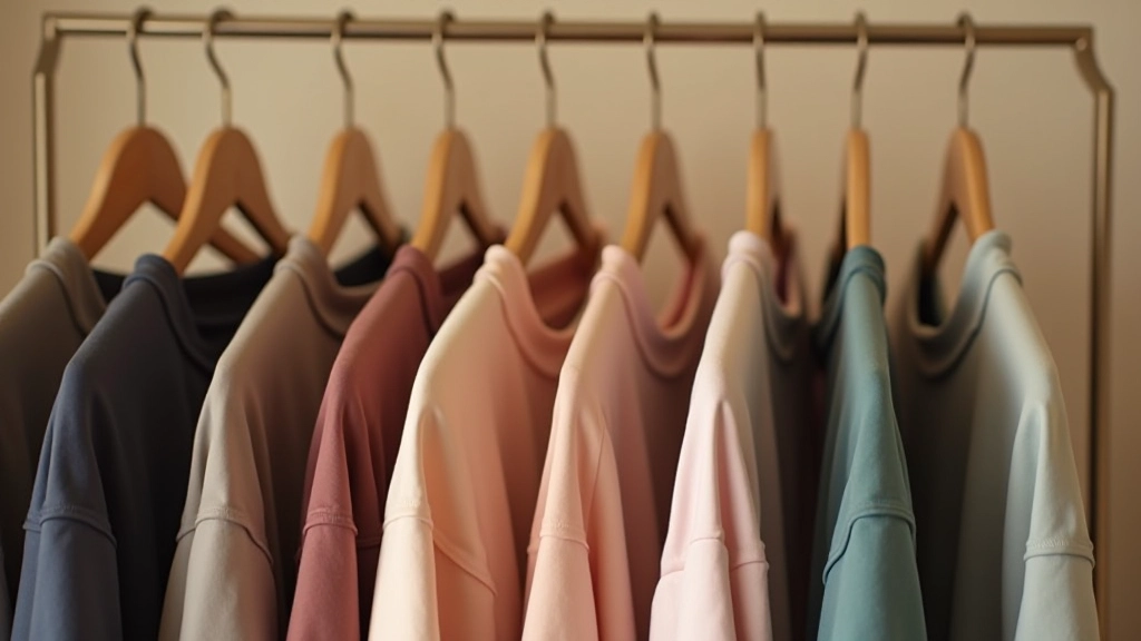 Penderie organisée avec vêtements de sport rangés par couleur, éclairage naturel chaud