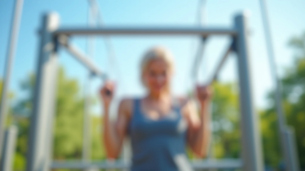 Équipements de musculation en plein air dans un parc municipal, barres de traction métalliques, sol en béton, arbres en arrière-plan