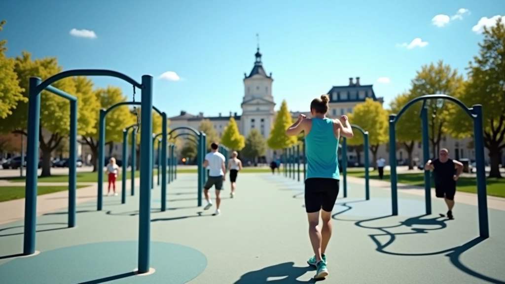 Vue d'ensemble d'un parc public avec plusieurs équipements de fitness, personnes qui s'entraînent, ciel dégagé