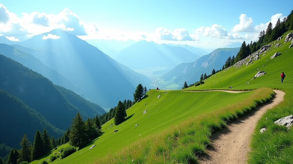 Paysage montagneux avec sentier bien balisé, vallée verte en arrière-plan, ciel bleu dégagé
