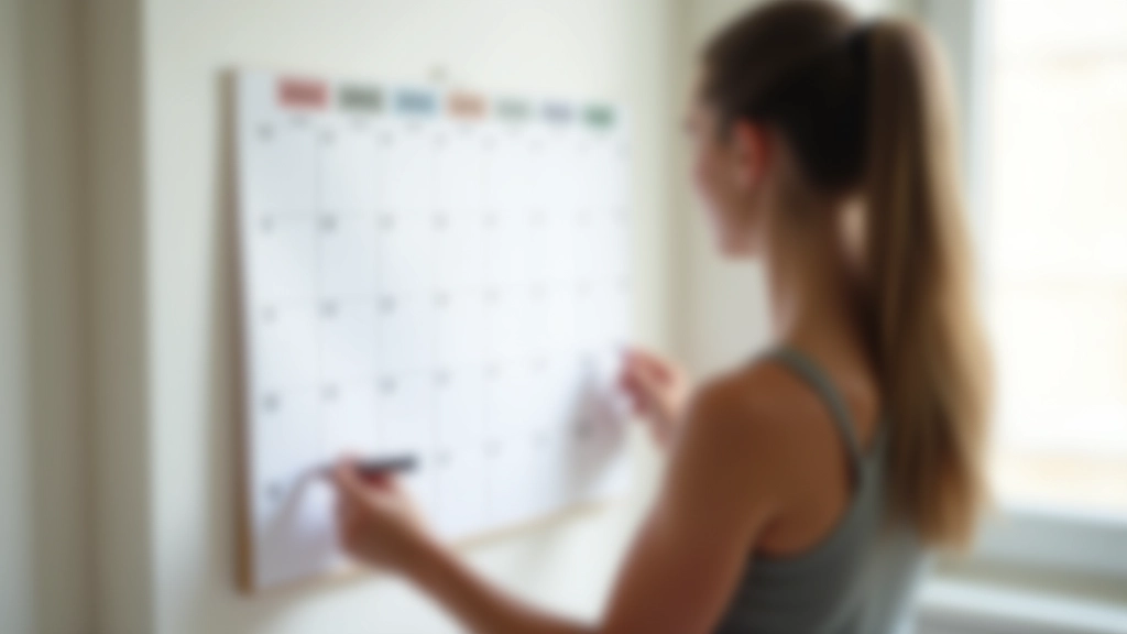 Femme tenant un calendrier mural avec marqueurs, planification hebdomadaire des entraînements sportifs, bureau minimalist